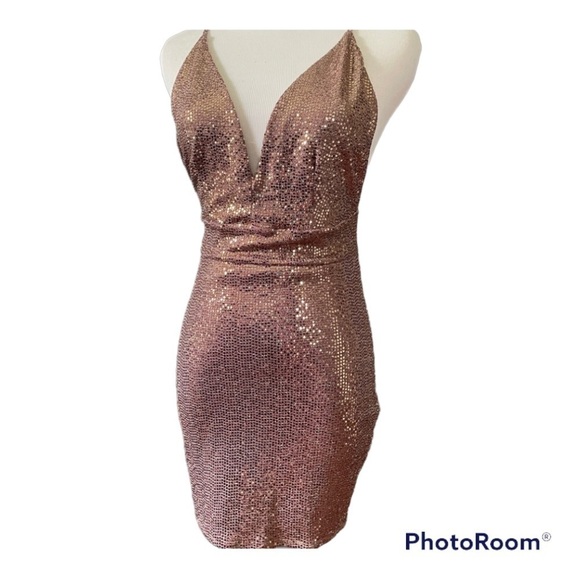 Monaco deep v neck bronze sequins spaghetti strap mini dress size small - Picture 1 of 11